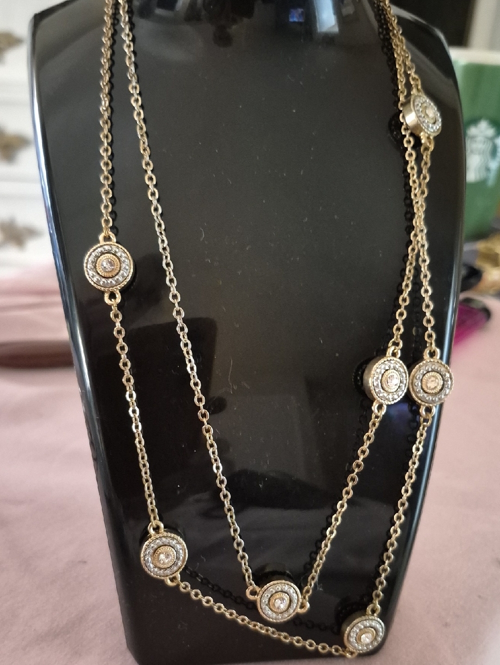 Vintage Gold-Tone Circle Station Crystal Multi Medallion Long Necklace 40"